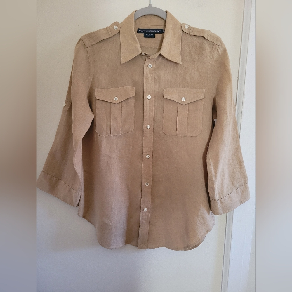 Vintage Ralph Lauren Sport 100% Linen Utility Classic Prep Button Down Shirt 10